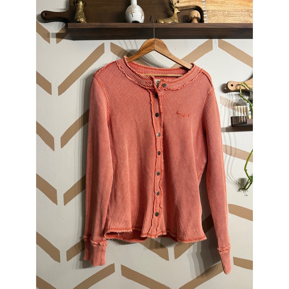Kimes Ranch Waffle Knit Button Up Womens Large Peach Raw Edge Henley Top